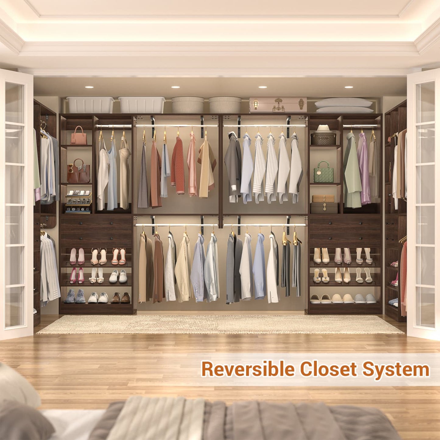 Closet System with Wooden Drawers and Two Hanging Rods