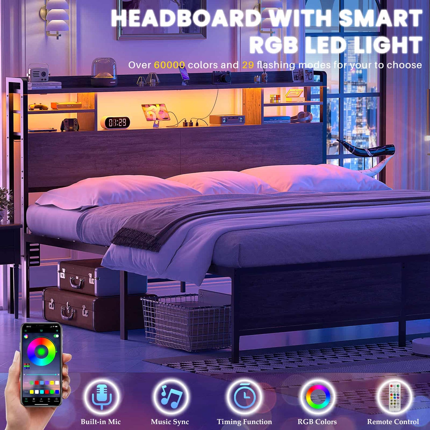 King Headboard with Storage shelves and Charging Station, Wood Headboard with LED Light