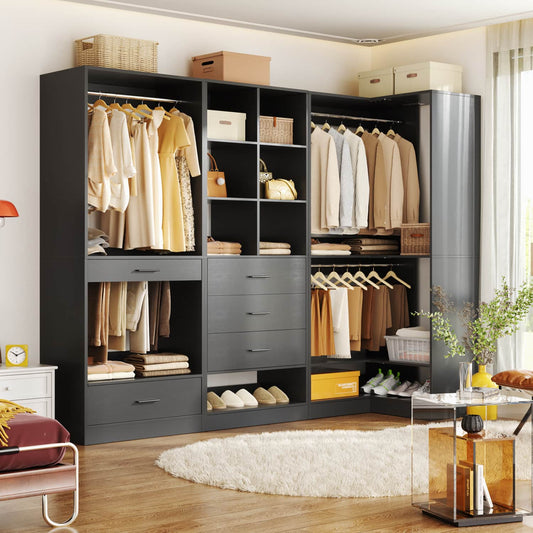 Corner Closet Oraganizer System with Drawers and Hanging Rods, Cube Storage Walk-in Closet System