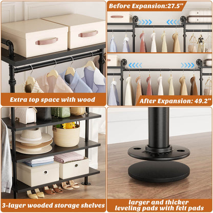 Garment Rack with Wood Shelves, Closet system Storage Rack
