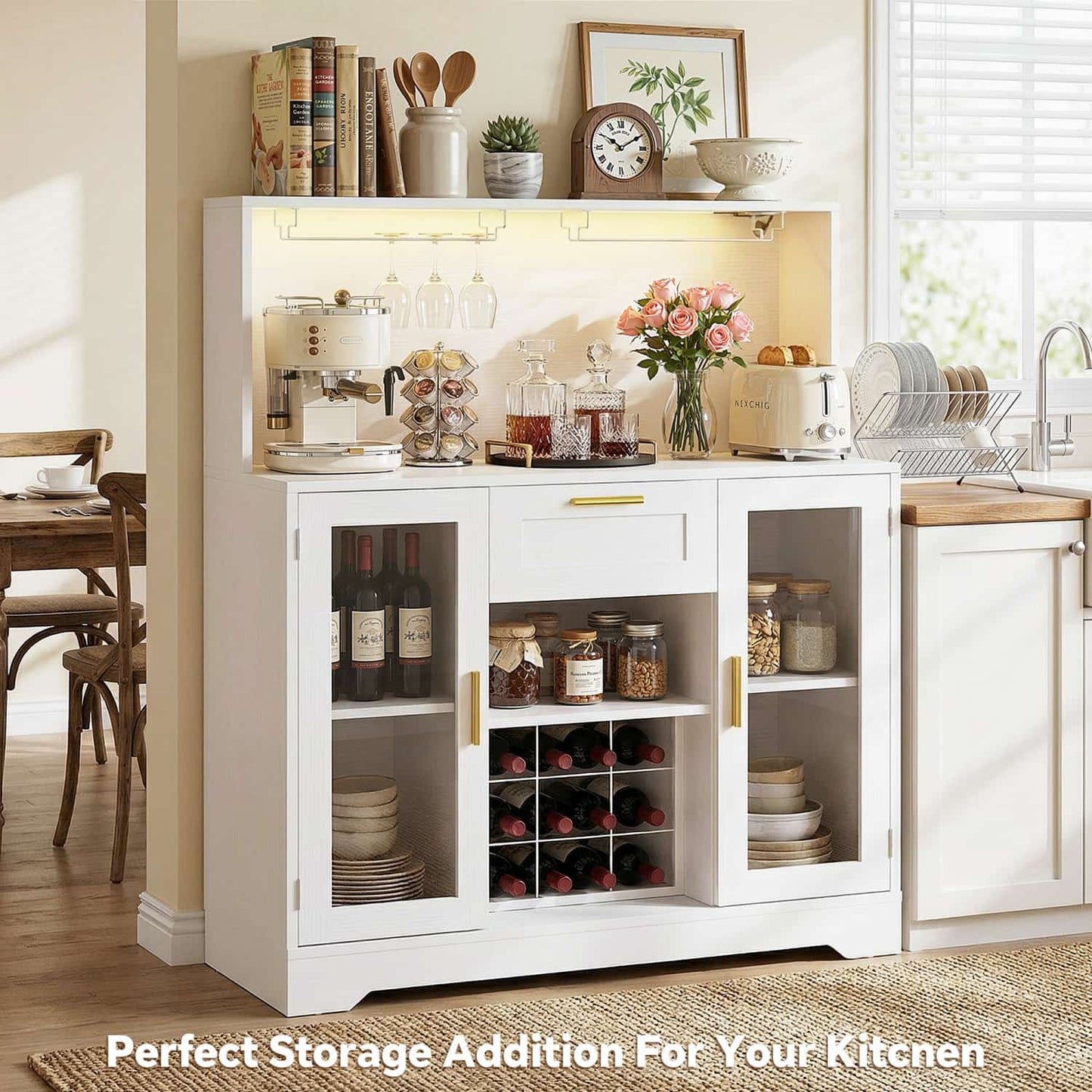 Kitchen Wine Bar Cabinet with Wine Rack and Door, Coffee Bar Buffet Table with Storage Drawer