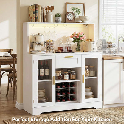 Kitchen Wine Bar Cabinet with Wine Rack and Door, Coffee Bar Buffet Table with Storage Drawer