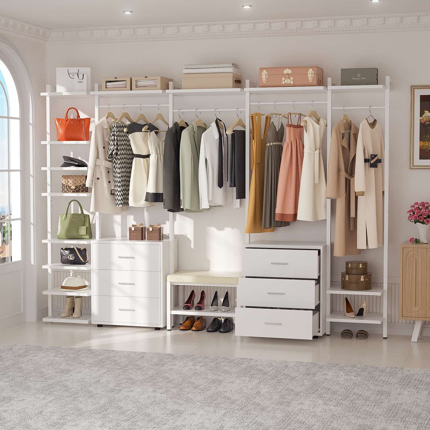 Freestanding Closet Organizer with 6 Drawers, Walk-In Closet Systen with 4 Clothing Rack