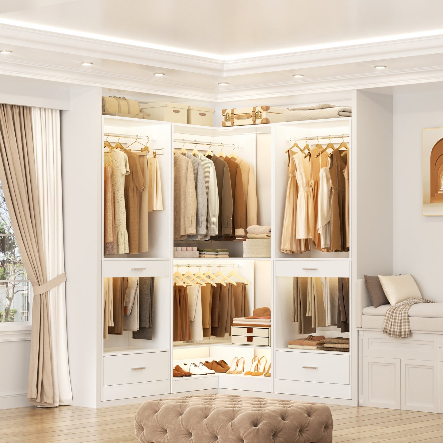 Freestanding Corner Closet System with 2 Hanging Rods and Shoes Shelf