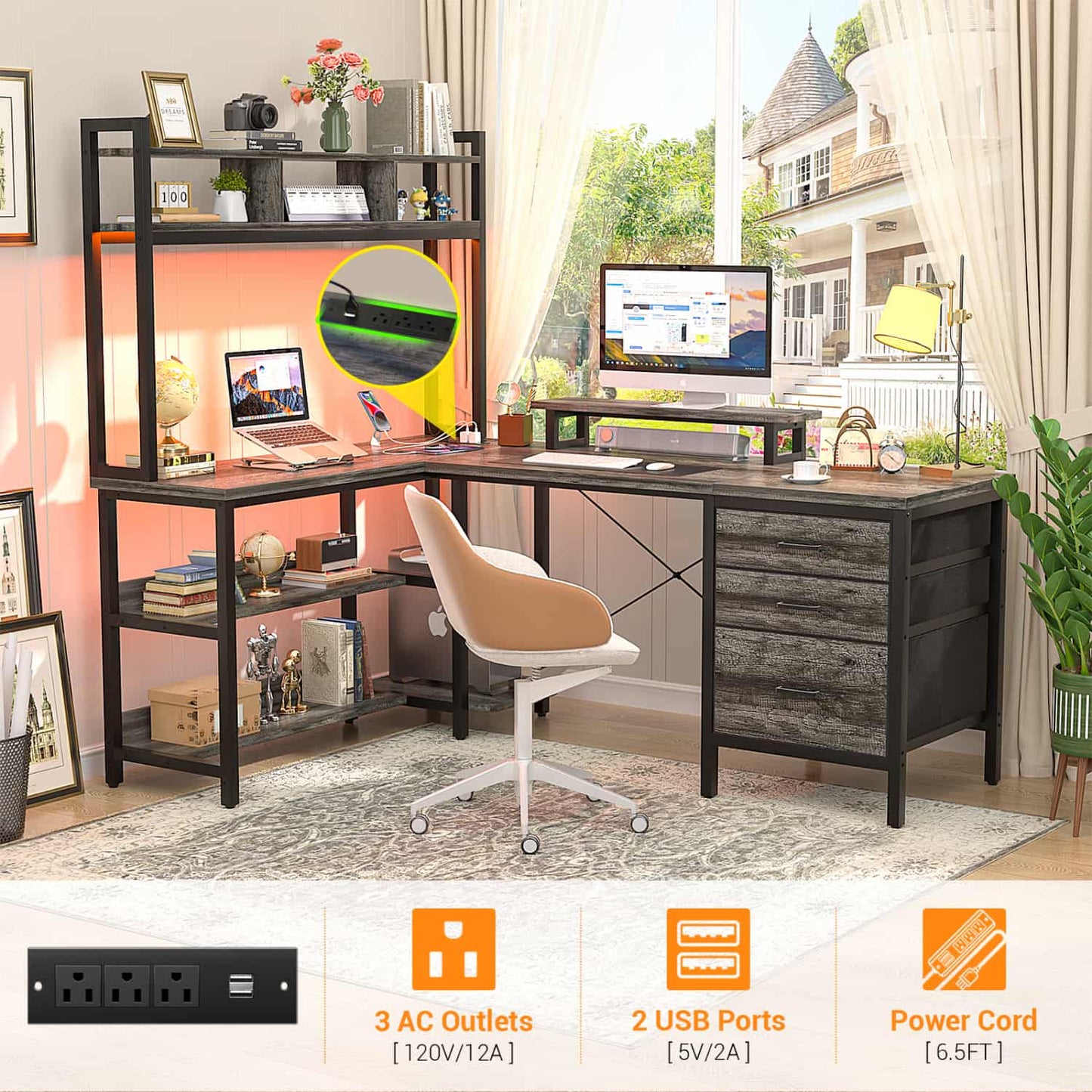 L Shaped Computer Desk with Hutch, Power Outlets, LED Lights & Storage Drawers