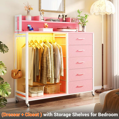 Dresser for Bedroom with Clothes Rack & Shelves, 5 Drawers Dresser with Charging Station