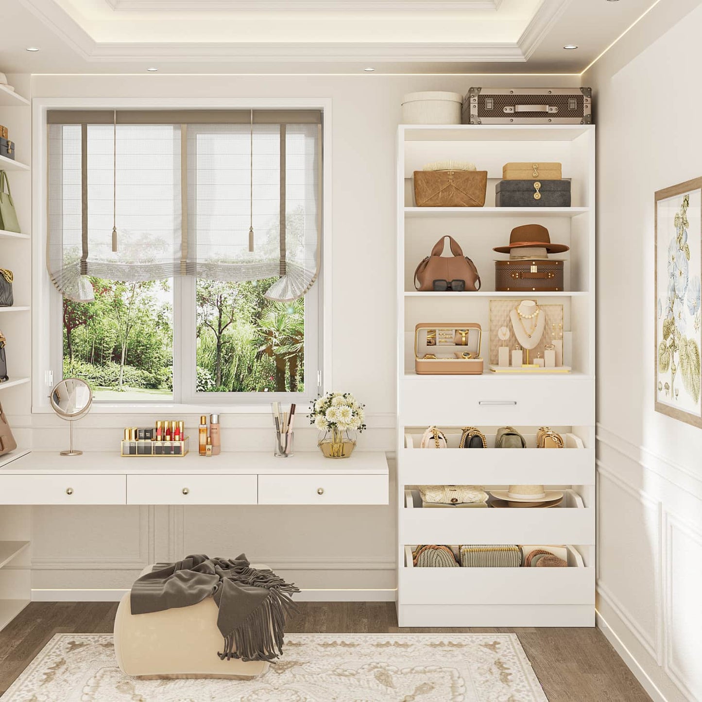 Closet System with 4 Wood Drawers and Adjustable Shelves
