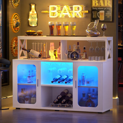 Wine Bar Cabinet with Glass Holders and and Doors, Buffet Wine cabinet with Power Outlet