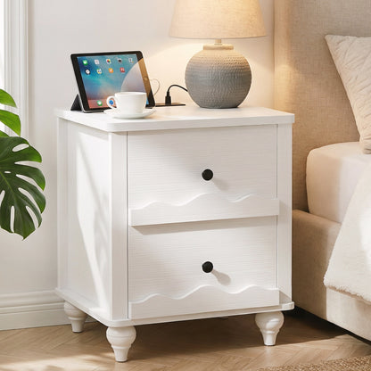 Wooden Nightstand with Charging Station, Storage Dresser with 2 Drawers