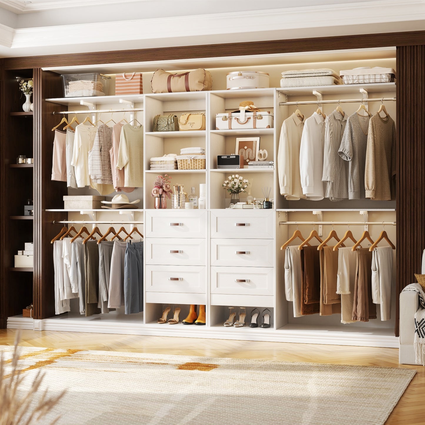 Closet Organizer System with Hanging Rods and Shelves, Wardrobe System with Drawers