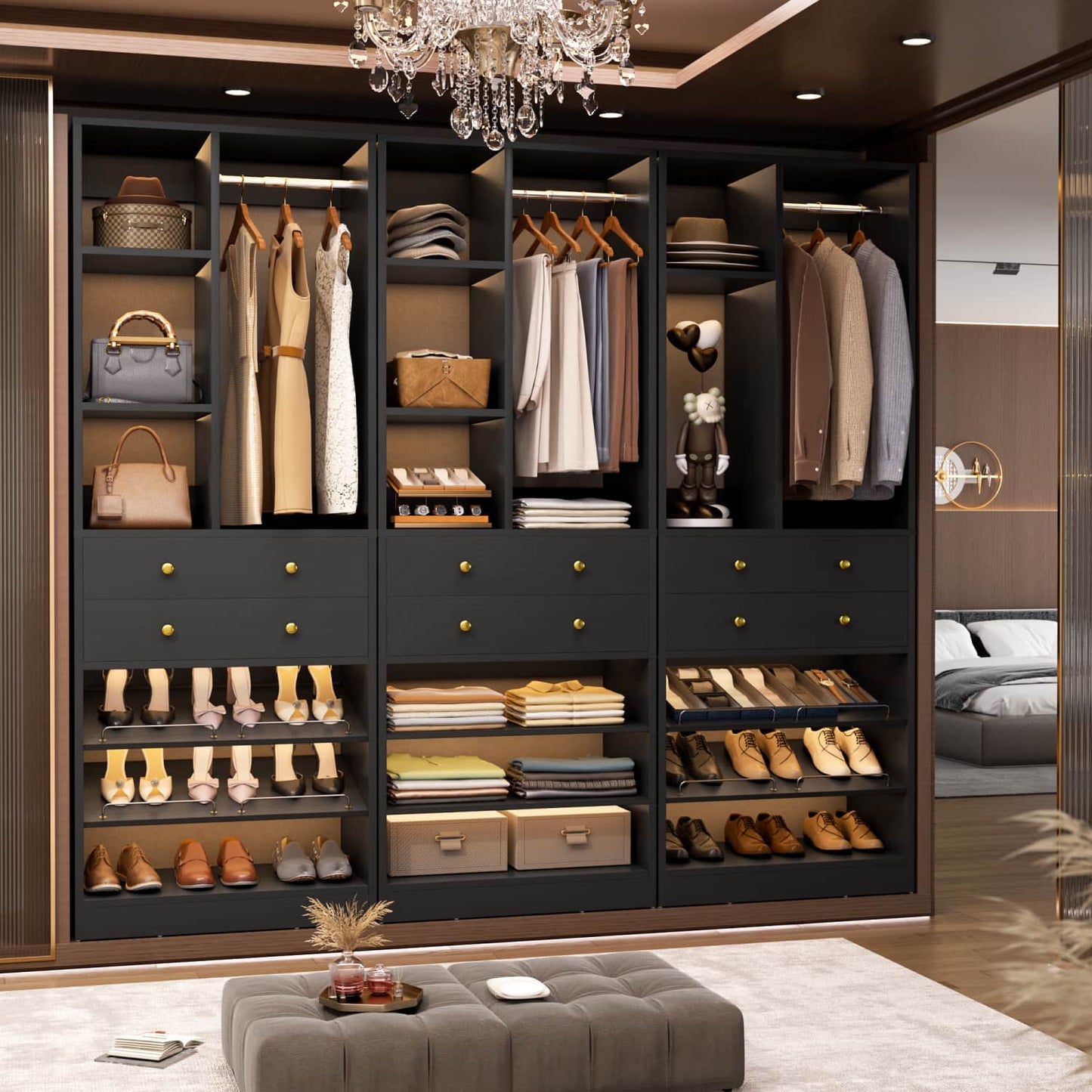 Closet Storage System with Adjustable Shoes Shelves, Closet Organizer with Drawer