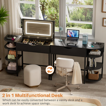 Flip-Top Makeup Dressing Table with mirror and Drawer, Small Vanity Desk with Charging Station