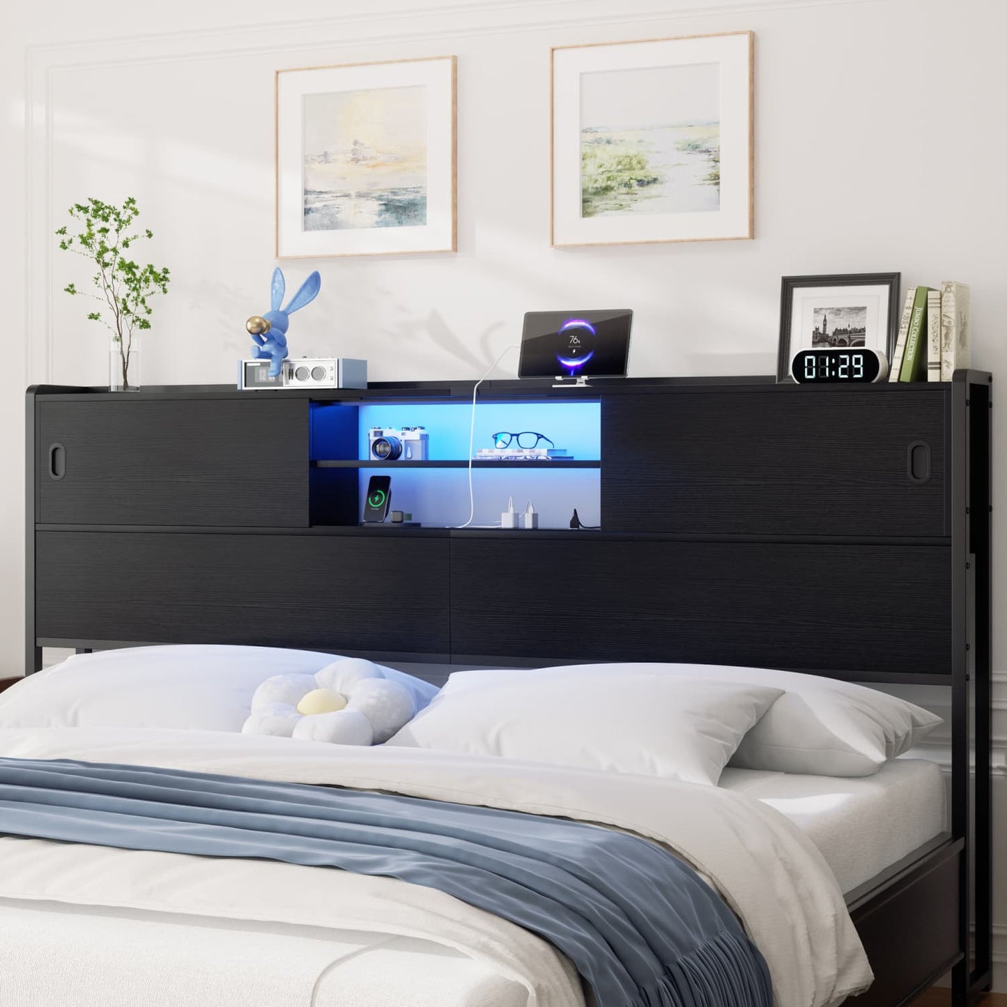 Storage Headboard with Sliding Doors and Charging Station