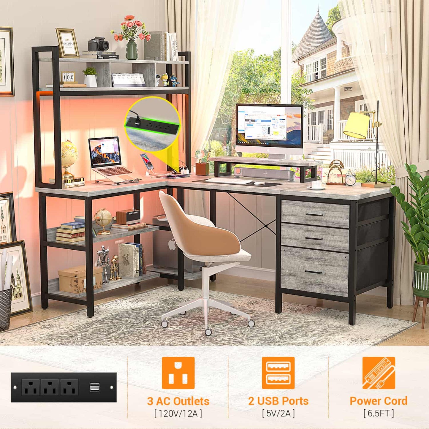 L Shaped Computer Desk with Hutch, Power Outlets, LED Lights & Storage Drawers