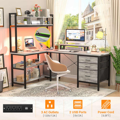 L Shaped Computer Desk with Hutch, Power Outlets, LED Lights & Storage Drawers