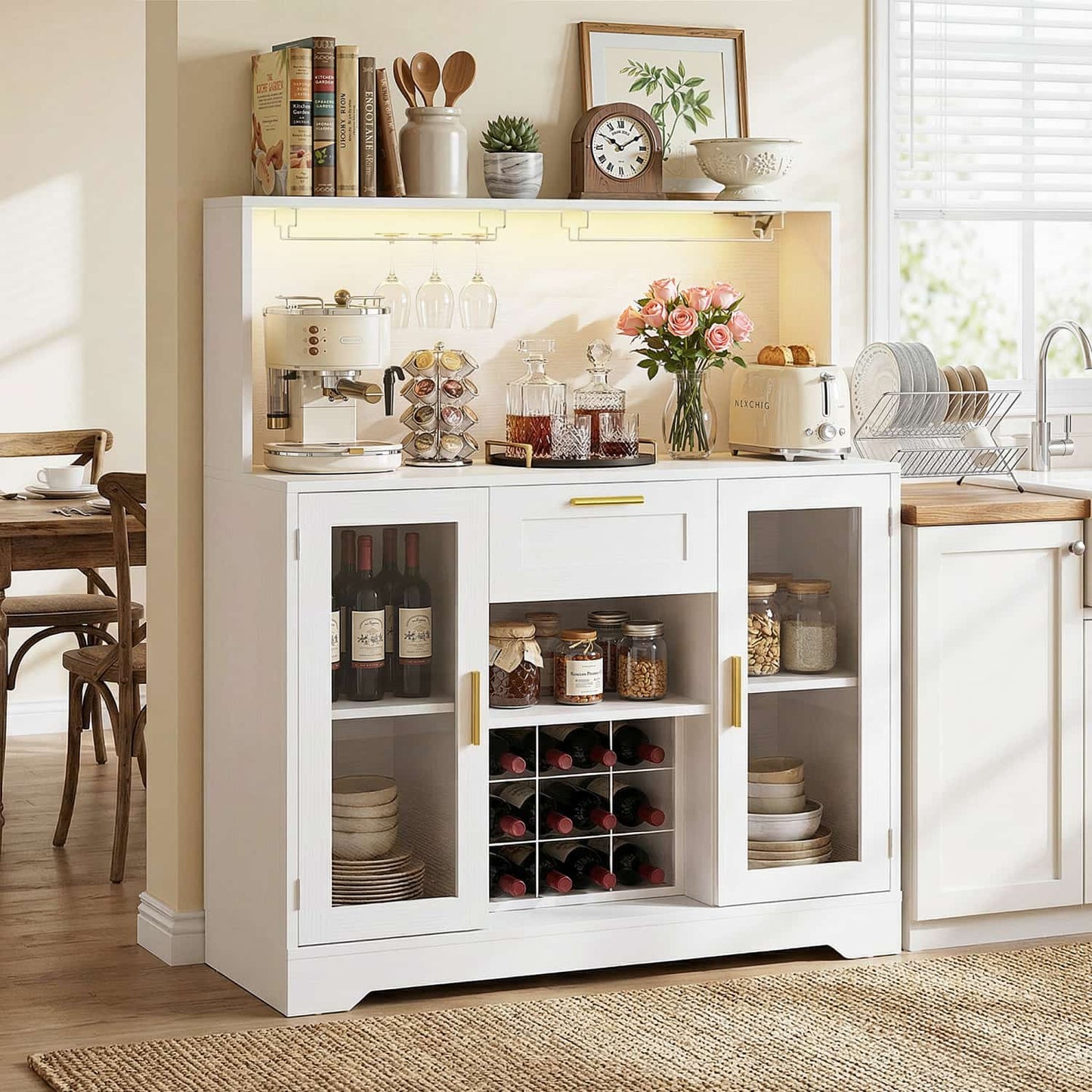 Kitchen Wine Bar Cabinet with Wine Rack and Door, Coffee Bar Buffet Table with Storage Drawer