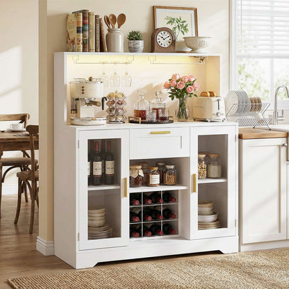 Kitchen Wine Bar Cabinet with Wine Rack and Door, Coffee Bar Buffet Table with Storage Drawer
