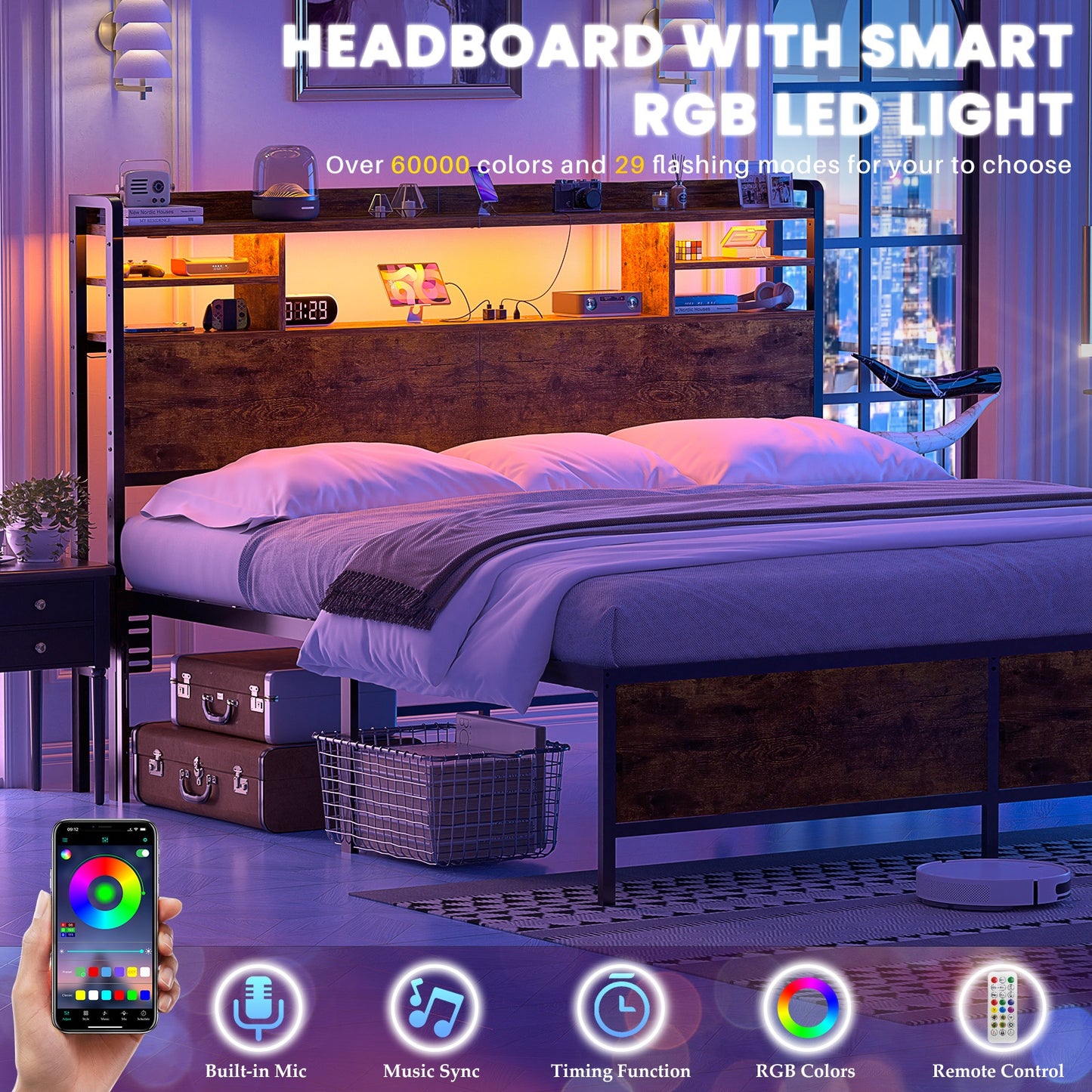Queen Headboard with Storage shelves and Charging Station, Wood Headboard with LED Light