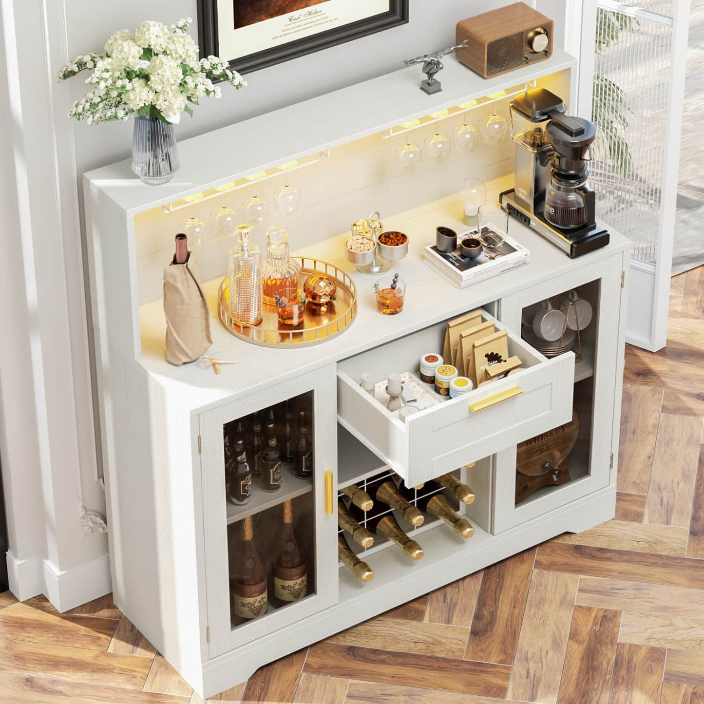Wine Bar Buffet Table with Storage and Wine Rack, Coffee Bar Cabinet with Drawer