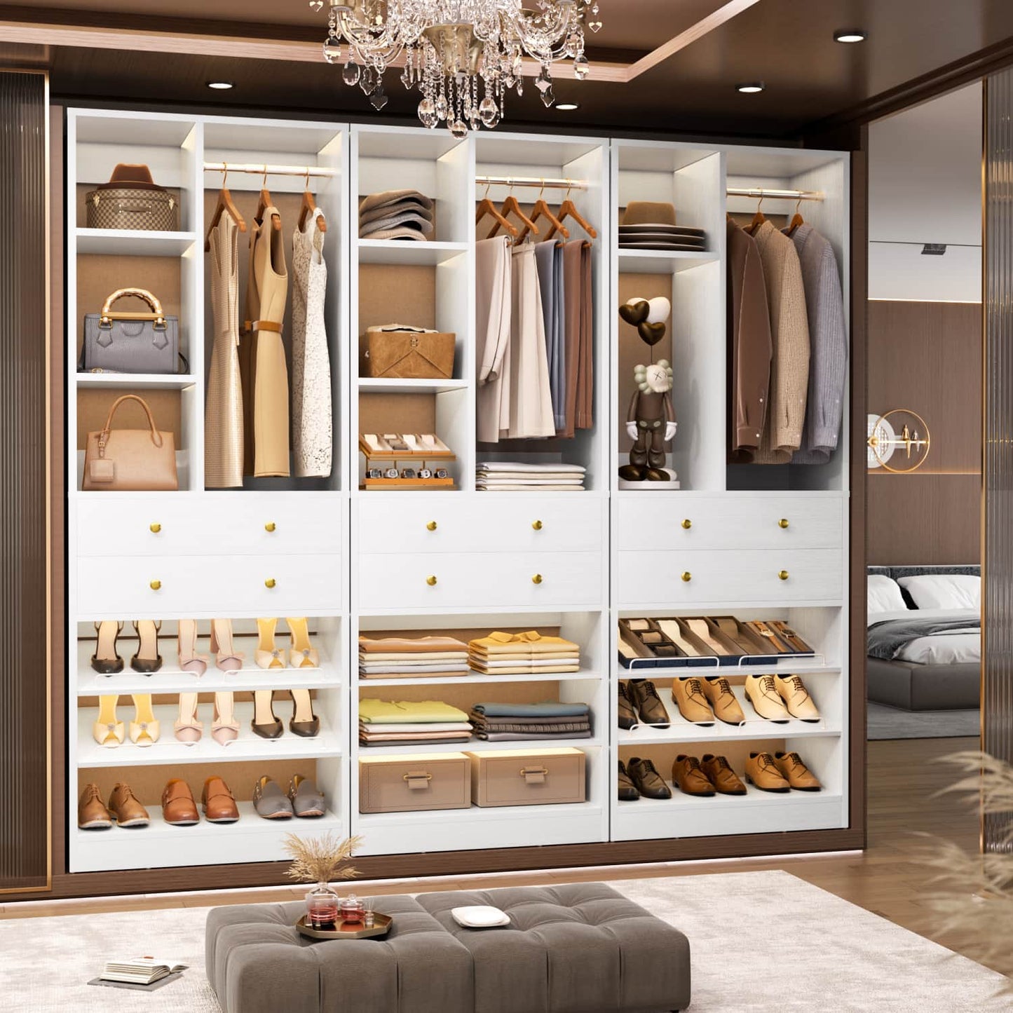 Closet Storage System with Adjustable Shoes Shelves, Closet Organizer with Drawer