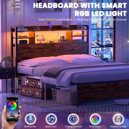 Full Headboard with Storage shelves and Charging Station, Wood Headboard with LED Light