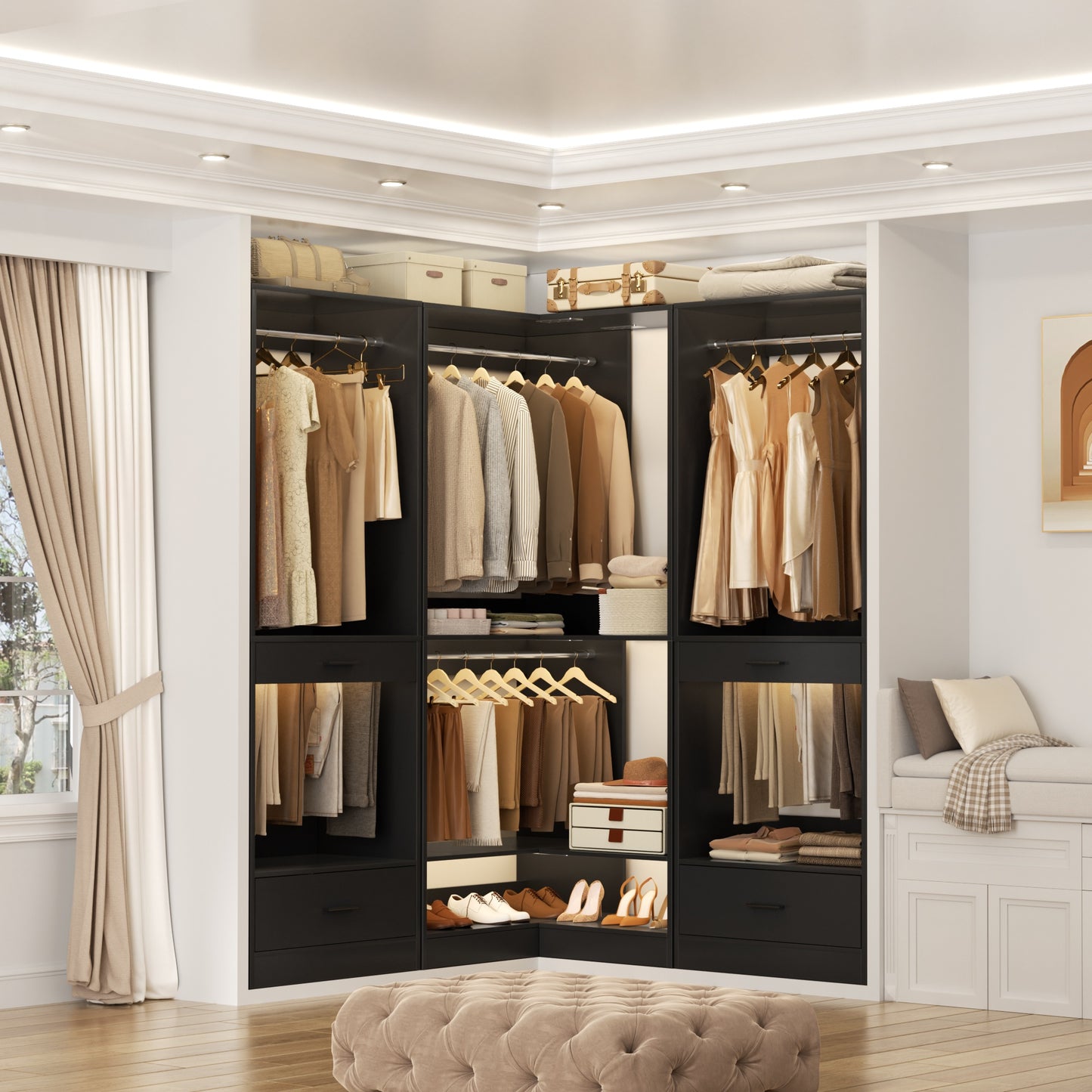 Freestanding Corner Closet System with 2 Hanging Rods and Shoes Shelf