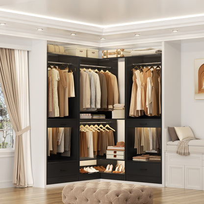 Freestanding Corner Closet System with 2 Hanging Rods and Shoes Shelf