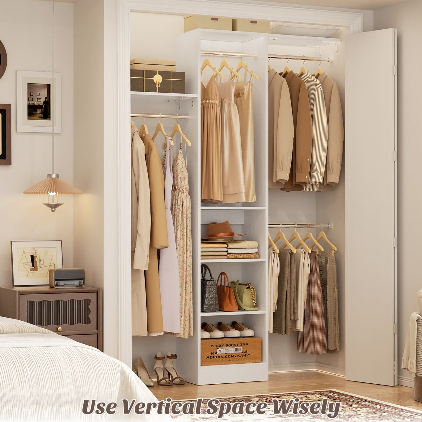 47'' W Closet System with Hanging Rods and Shelves, Closet Organizer for Bedroom