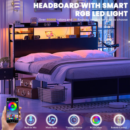 Queen Headboard with Storage shelves and Charging Station, Wood Headboard with LED Light