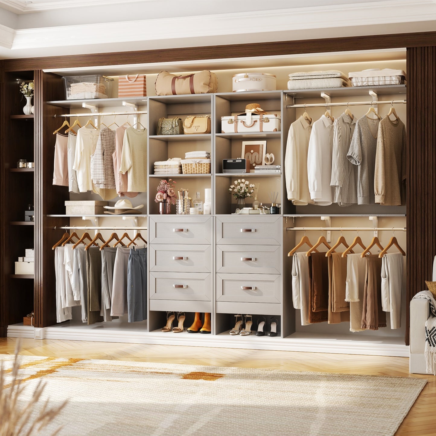 Closet Organizer System with Hanging Rods and Shelves, Wardrobe System with Drawers