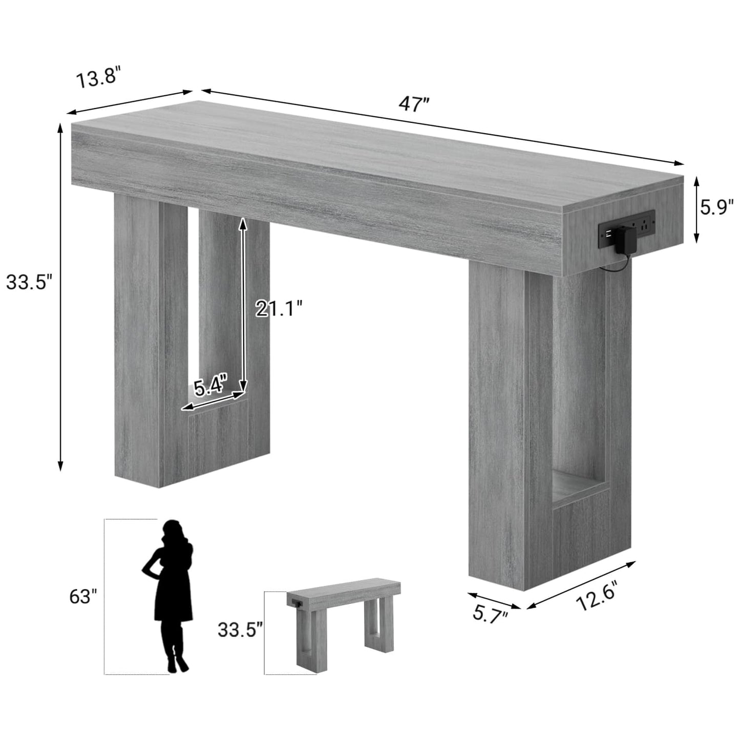 47inch Console Table with Power Outlets, Wood Narrow Entryway Table