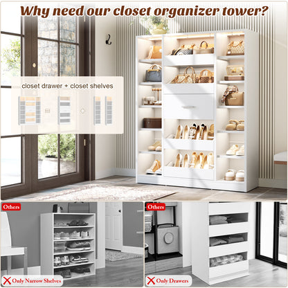 40" Closet System with LED Lights, Wooden Closet Organizer with 5 Drawers & 12 Shelves