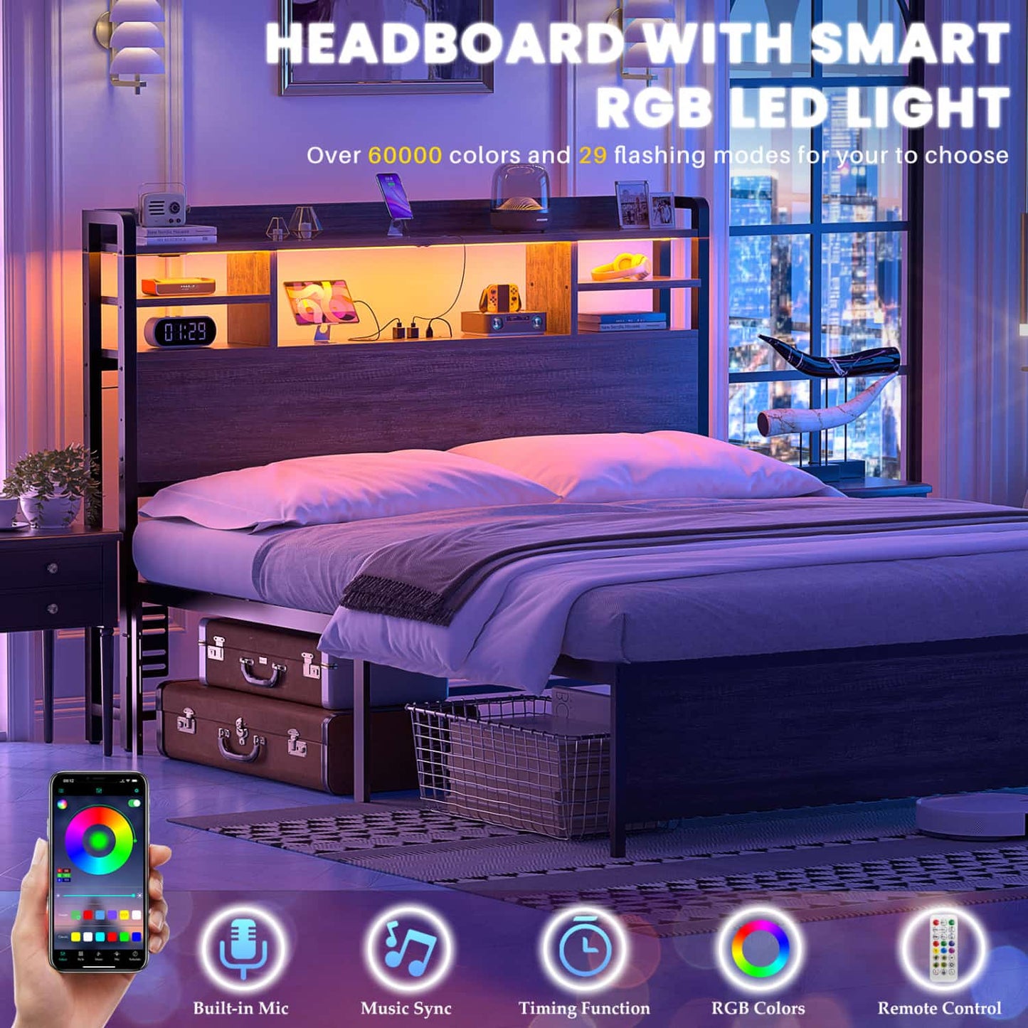 Full Headboard with Storage shelves and Charging Station, Wood Headboard with LED Light