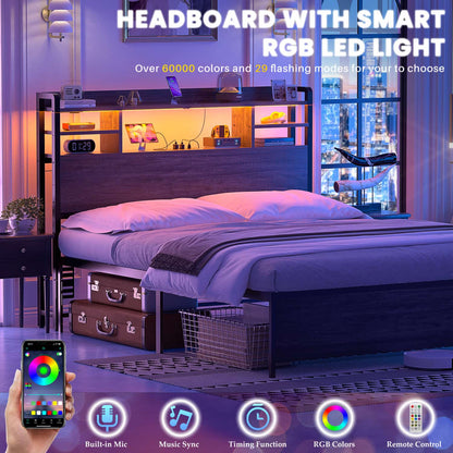 Full Headboard with Storage shelves and Charging Station, Wood Headboard with LED Light
