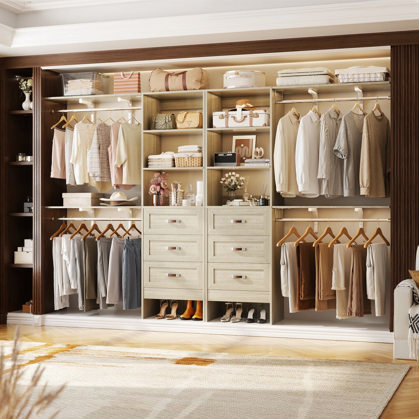 Closet Organizer System with Hanging Rods and Shelves, Wardrobe System with Drawers