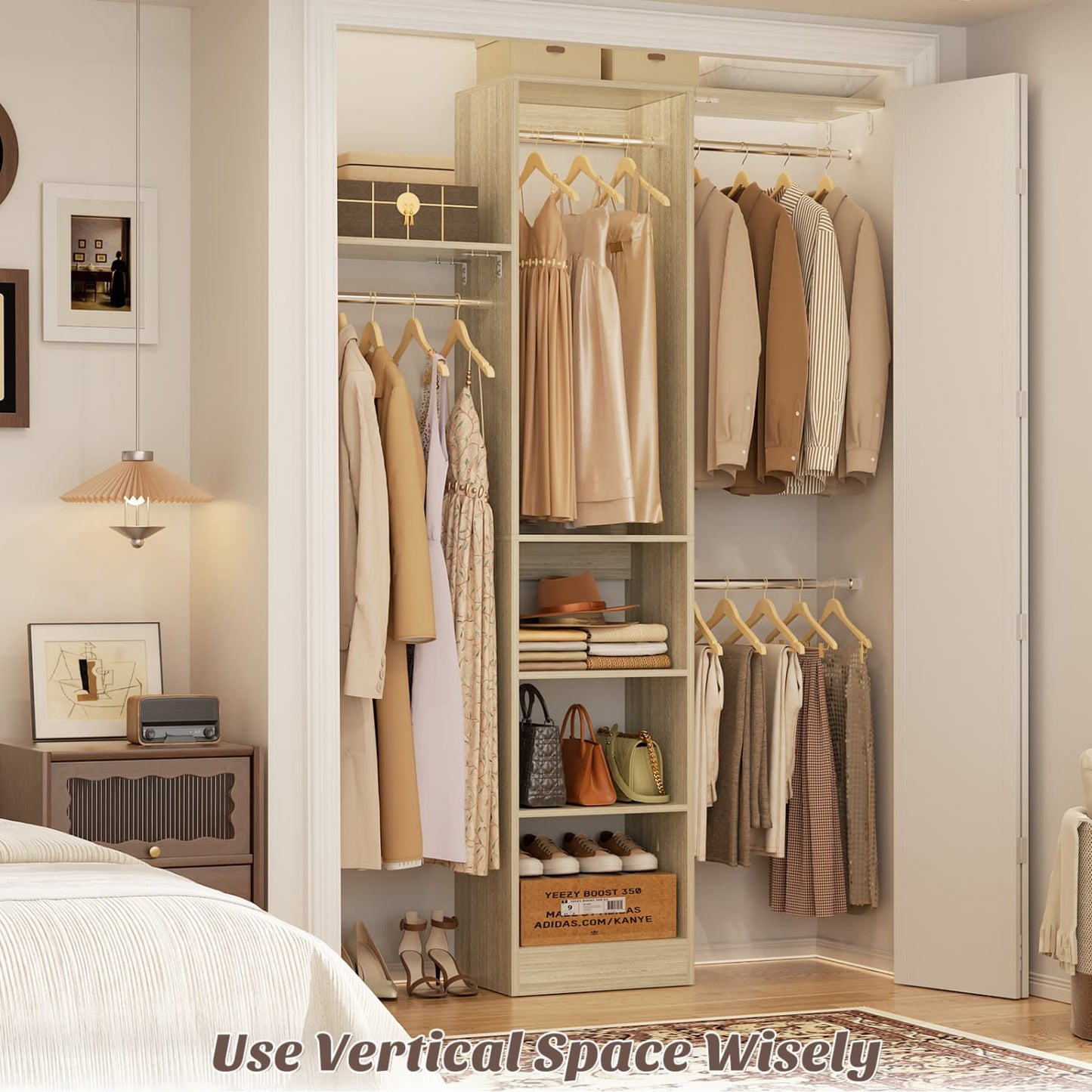 47'' W Closet System with Hanging Rods and Shelves, Closet Organizer for Bedroom