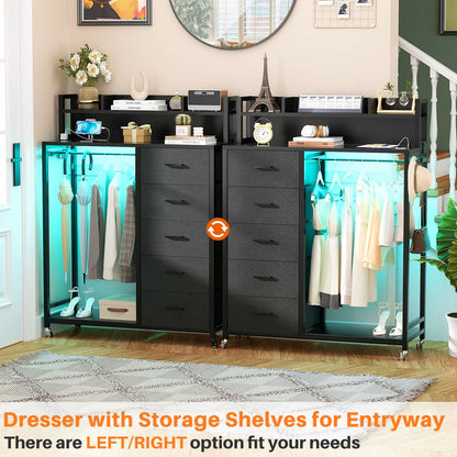 Dresser for Bedroom with Clothes Rack & Shelves, 5 Drawers Dresser with Charging Station