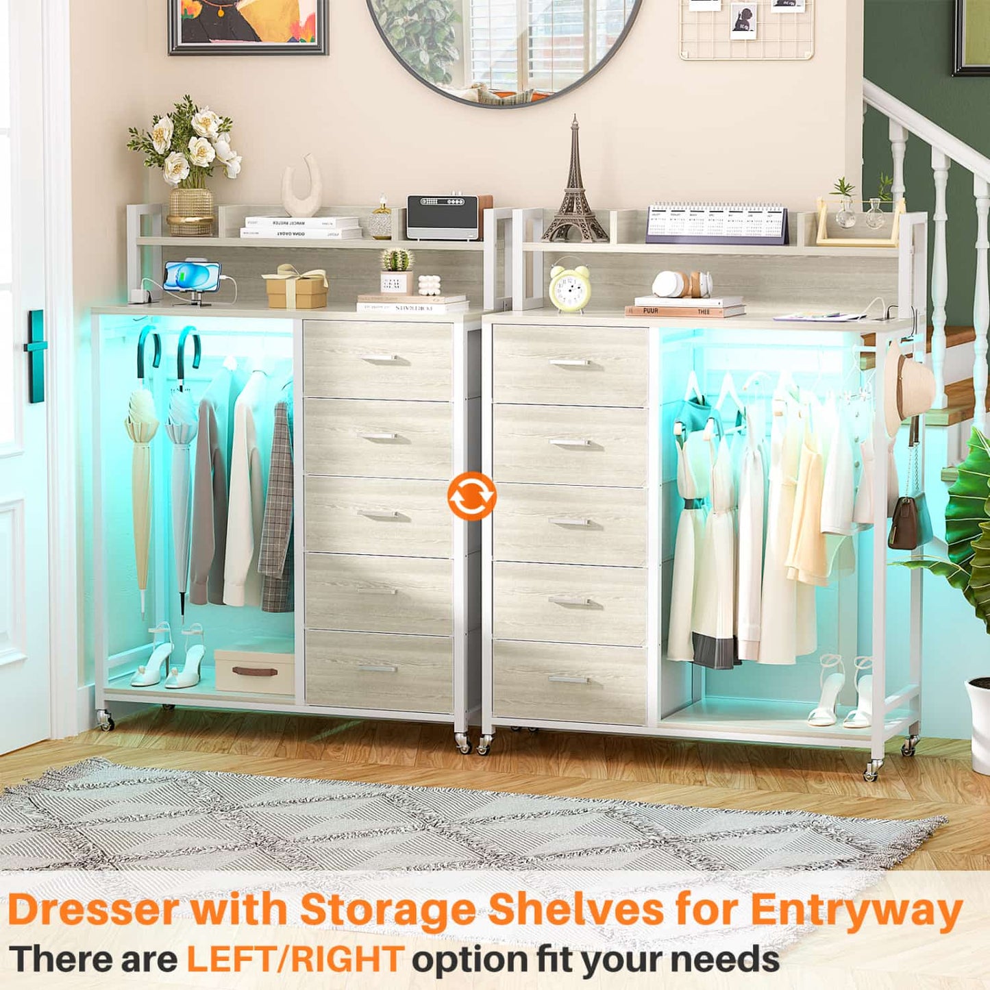 Dresser for Bedroom with Clothes Rack & Shelves, 5 Drawers Dresser with Charging Station