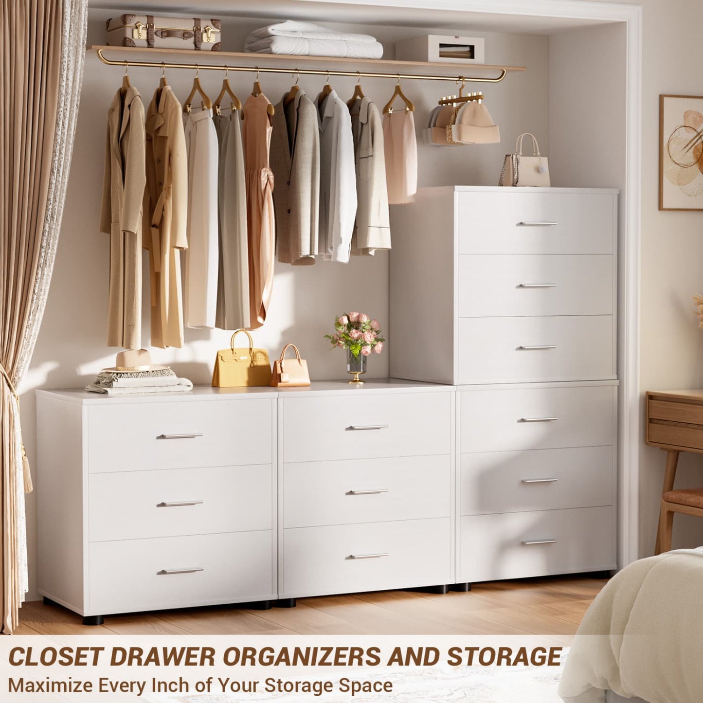 Set of 2 Wooden Storage Dressers with 3 Drawers, Closet Storage Cabinet and Nightstand