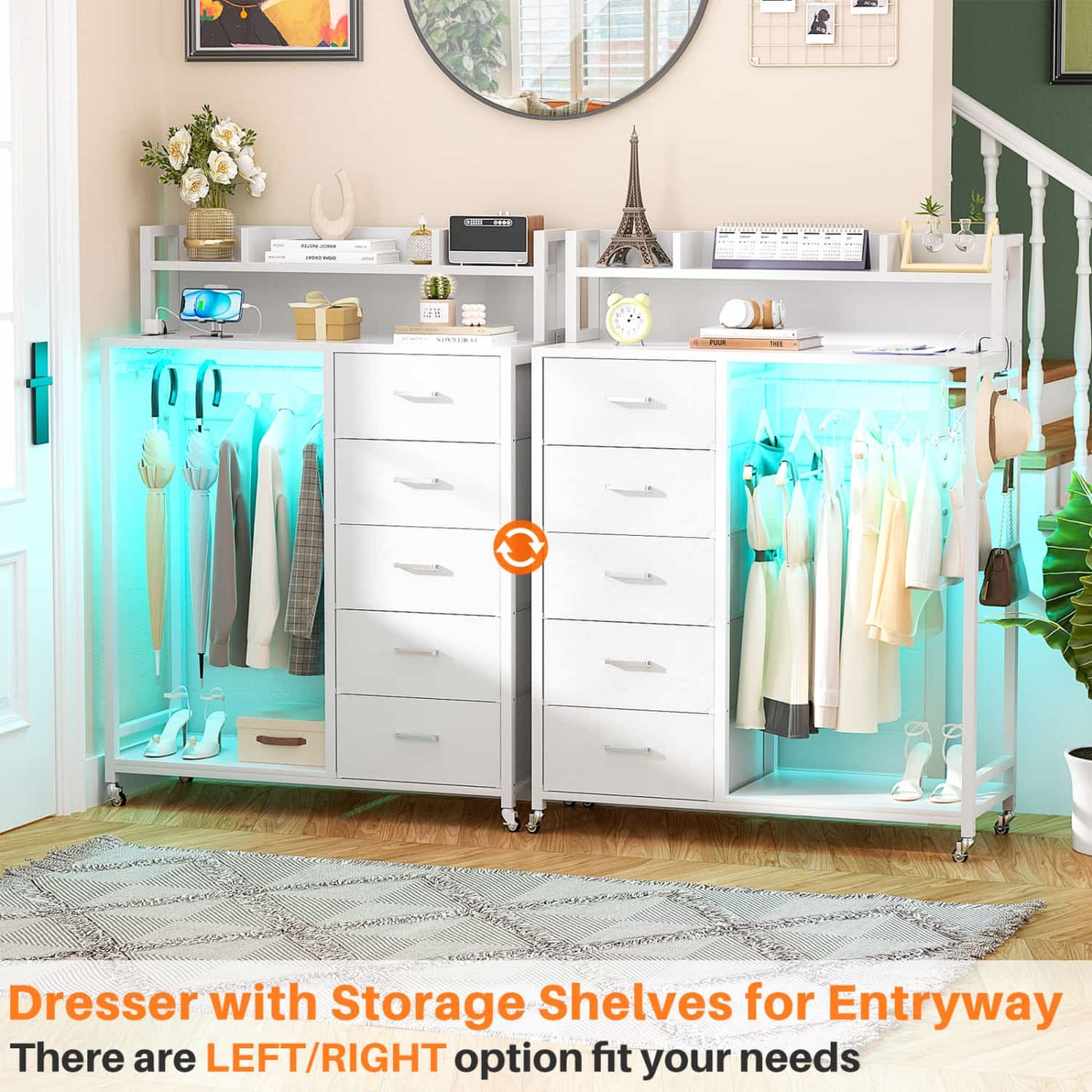 Dresser for Bedroom with Clothes Rack & Shelves, 5 Drawers Dresser with Charging Station