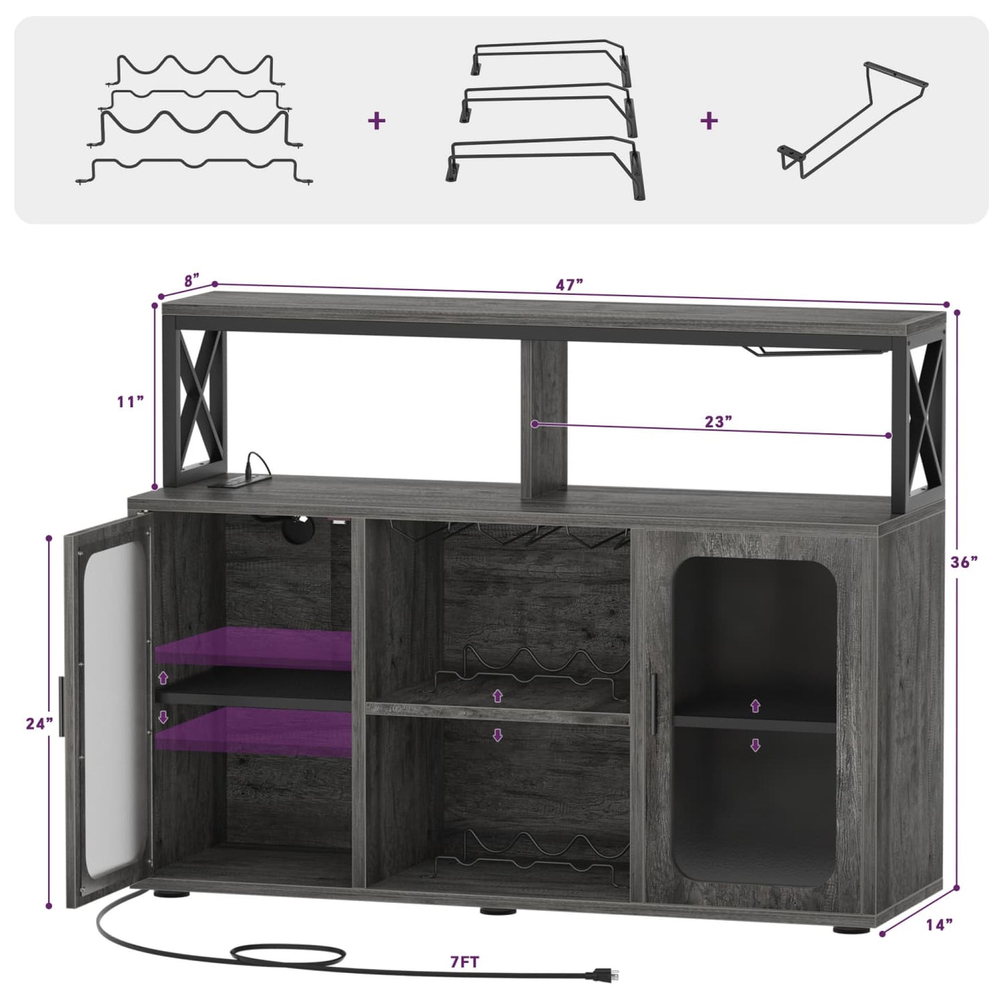Wine Bar Cabinet with Glass Holders and and Doors, Buffet Wine cabinet with Power Outlet