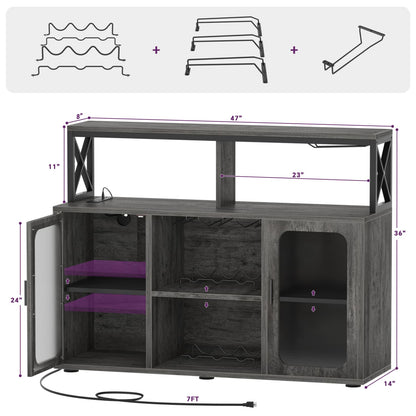 Wine Bar Cabinet with Glass Holders and and Doors, Buffet Wine cabinet with Power Outlet