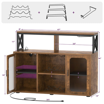 Wine Bar Cabinet with Glass Holders and and Doors, Buffet Wine cabinet with Power Outlet