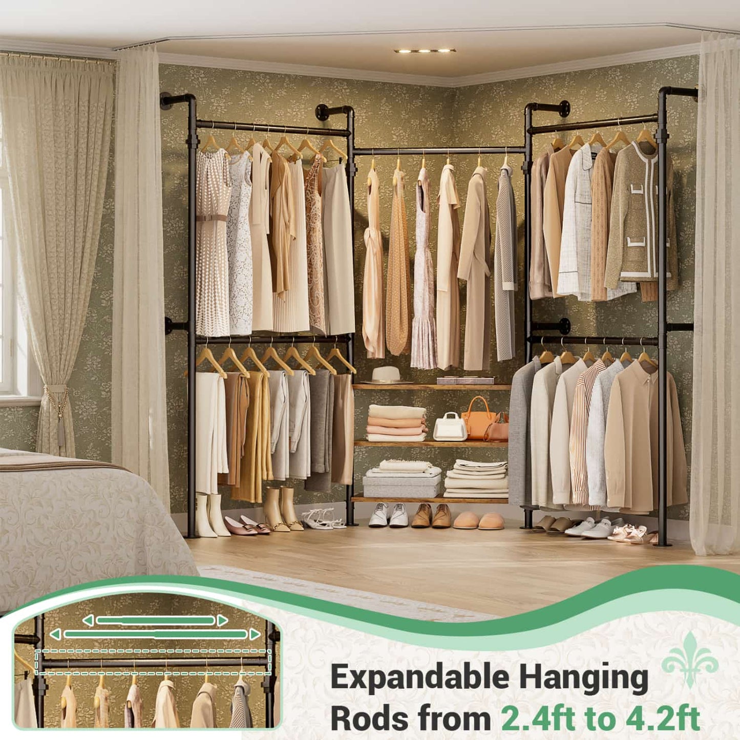 84"-128" Metal Pipe Clothing Rack Wall Mounted , Garment Rack