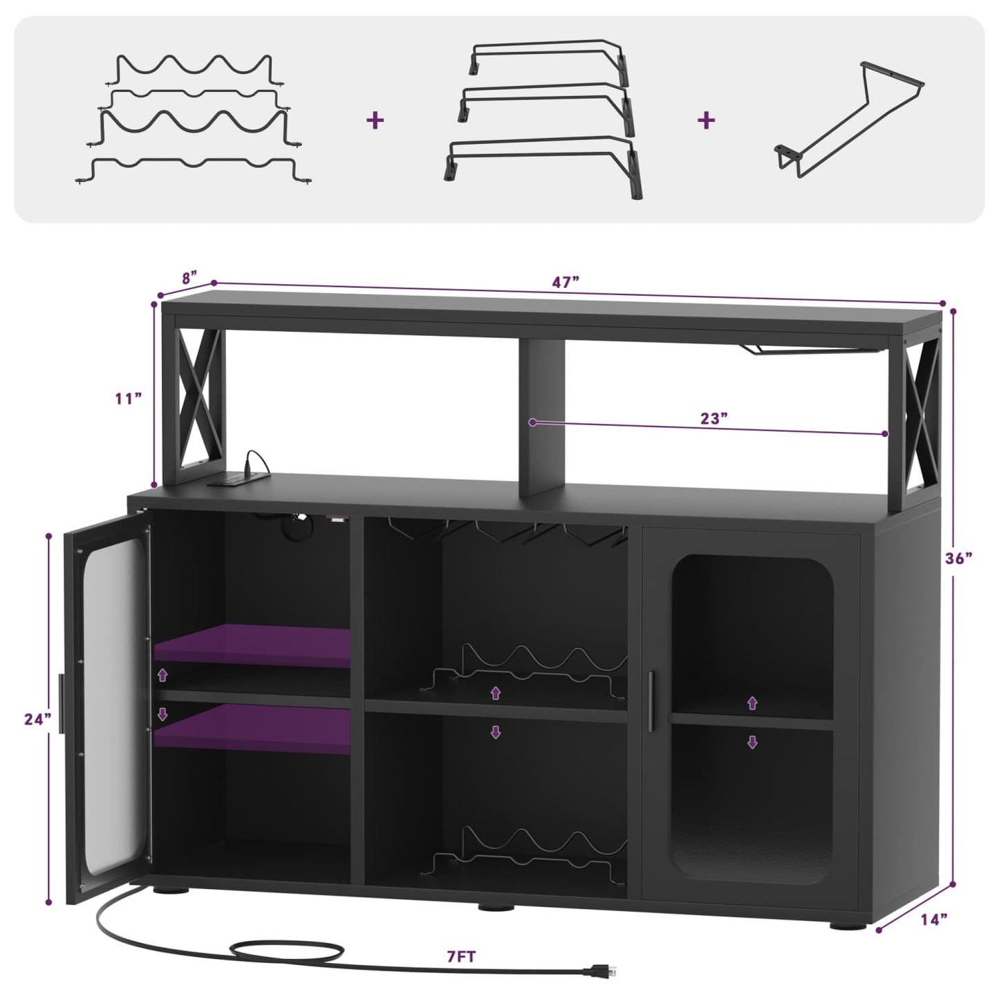Wine Bar Cabinet with Glass Holders and and Doors, Buffet Wine cabinet with Power Outlet