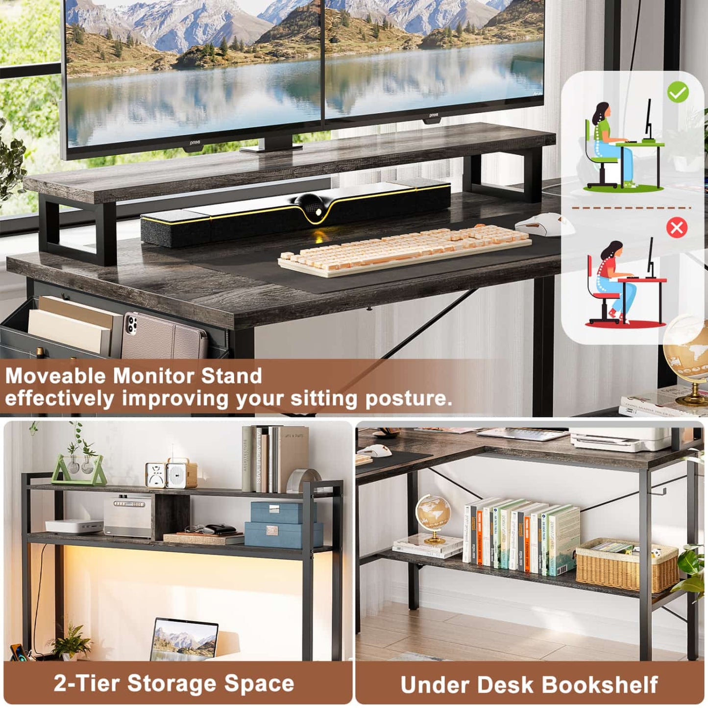 L-Shaped Computer Desk with Monitor and Hutch, Gaming Desk with Charging Station