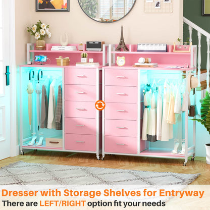 Dresser for Bedroom with Clothes Rack & Shelves, 5 Drawers Dresser with Charging Station