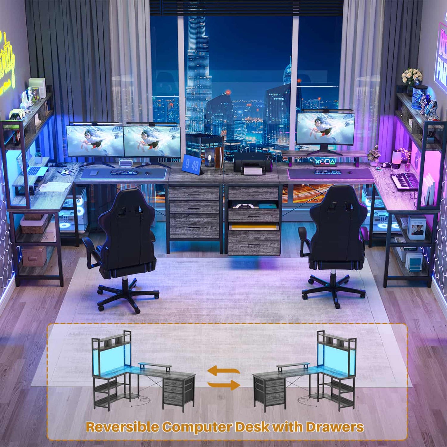 L Shaped Computer Desk with Hutch, Power Outlets, LED Lights & Storage Drawers