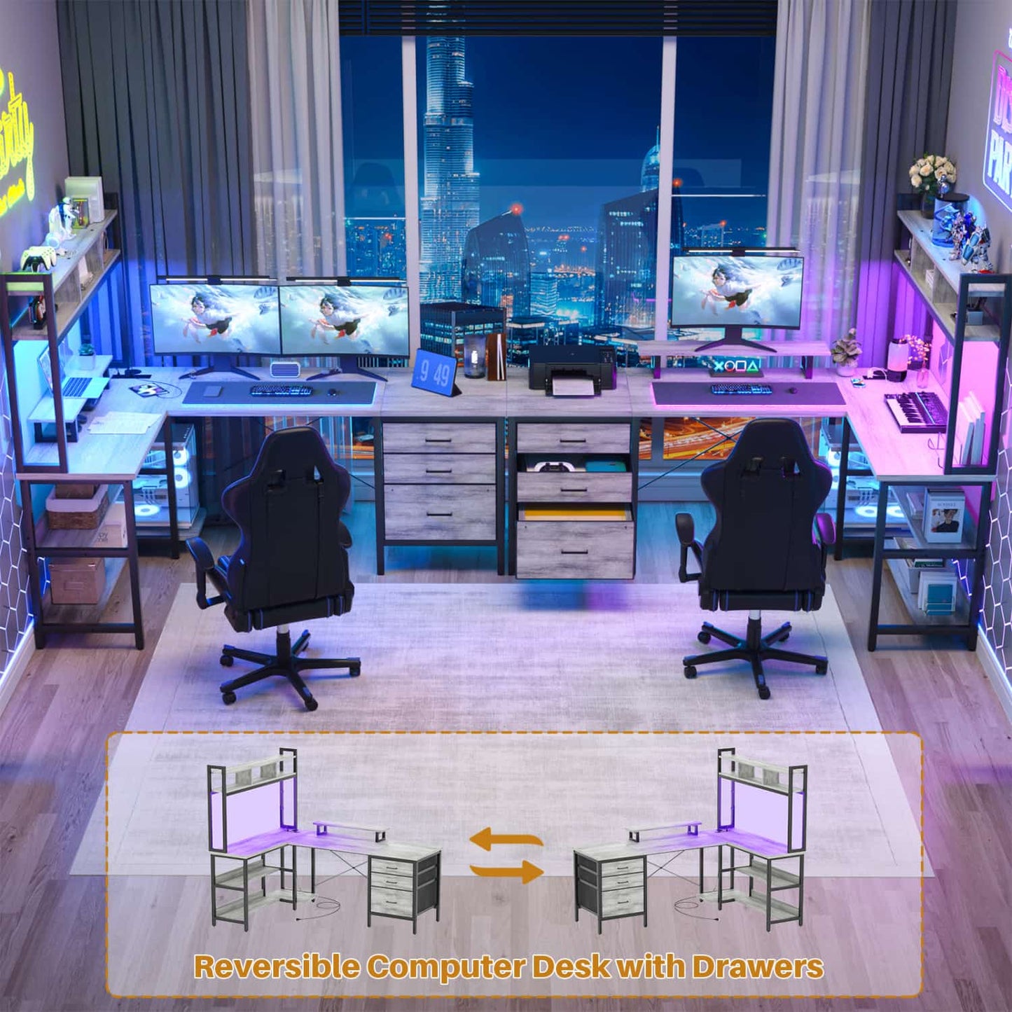 L Shaped Computer Desk with Hutch, Power Outlets, LED Lights & Storage Drawers