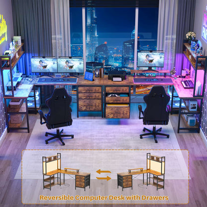 L Shaped Computer Desk with Hutch, Power Outlets, LED Lights & Storage Drawers
